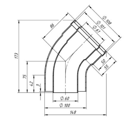 Колено коаксиальное 60х100-45 УТДК