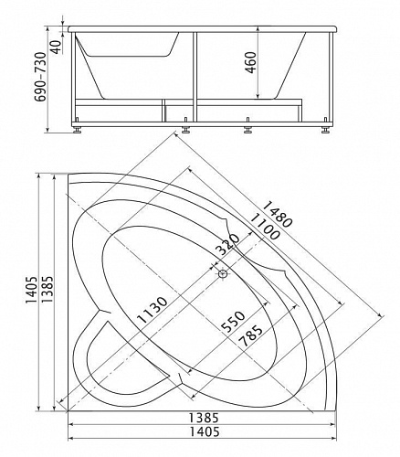 Ванна акриловая Поларис - 1 138,5х138,5 угловая