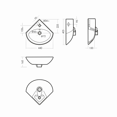 Умывальник "Веер"угловой 36х36см(Самара) 