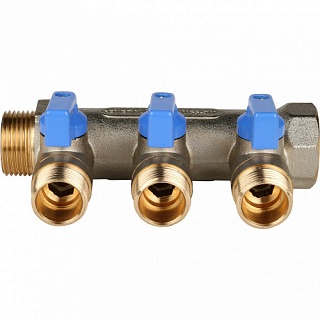 Коллектор с шар.кранами 3/4", 3 отвода 1/2" (SMB 6211 341203) STOUT(синие ручки) 