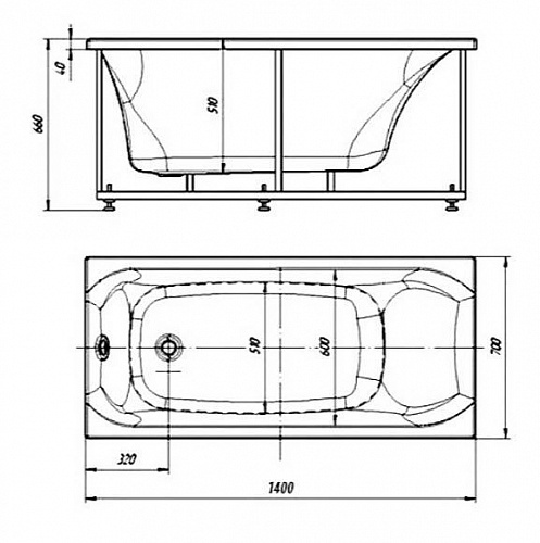 Ванна акриловая Альфа прямоугольная  140х70 (экран+сифон)