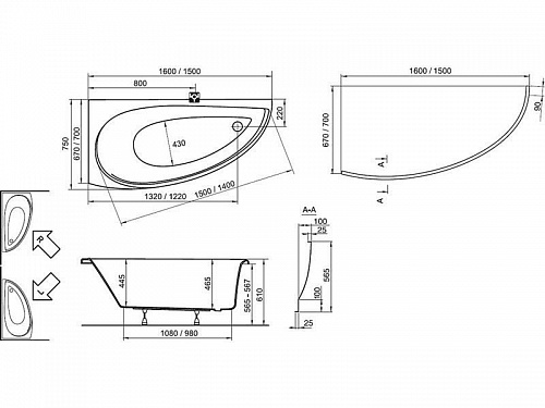 CH01000000    Ванна AVOCADO 160 правая, белая