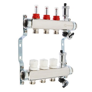 Коллектор с расходомерами 2-вых нерж. БЕЗ кранов, со сливным краном 1"x2 x 3/4"AQUALINK