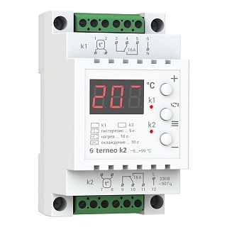 Терморегулятор Terneo K2, на DIN-рейку, 2 универс. датчика L=4метра, -9...+99°C, AC230V, 2x16A