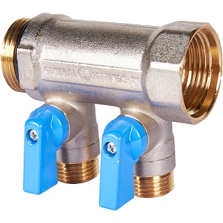 Коллектор с шар. краном синий 1"х1/2х2  (SMB 6211 011202) STOUT (синие ручки) замена арт.70394