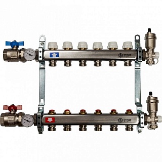 Коллектор 6-вых. нерж.ст. с кранами, терм., воздухоотв.. (SMS 0912 000006) STOUT