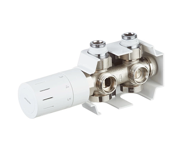 Узел нижнего подключения VARIODESIGN прям./угл., 3/4x3/4", c конус.вст. 3/4х1/2", с термоголовкой и декор. накладкой, цвет белый (F12160) Simplex