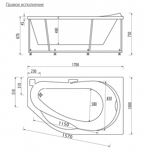 Ванна акриловая Таурус 170х100 правая