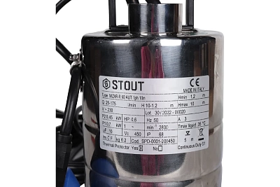 Насос дренажный с поплавком, корпус - нерж.ст, кабель 10 м, 230V, Q=175 л/мин, H=10 м 	(SPD-0001-200450) STOUT