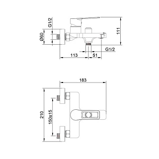 Смеситель д/ванны "KOBE" (KOB-1014) оружейная сталь, перекл.кнопка, короткий  излив TOKITO