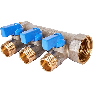 Коллектор с шар. кранами 1", 3 отвода 1/2" (SMB 6211 011203) STOUT (синие ручки) замена арт.64957