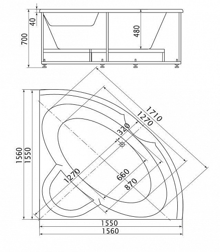 Ванна акриловая Поларис - 2 155х155 угловая