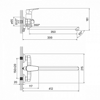 Смес. д/ванны Zodiac длинный излив ZODSBL2i10WA без аксессуаров (7817)